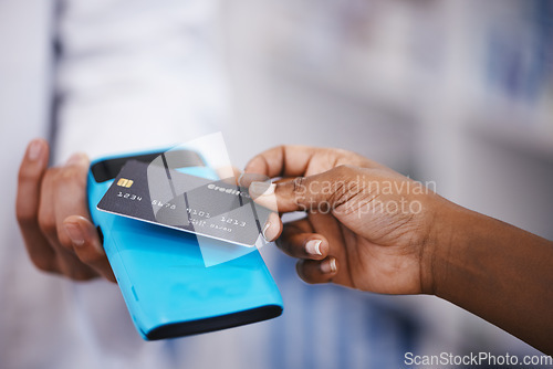 Image of Sale, credit card and payment with hands of people for retail, shopping and fintech banking service. Digital money closeup, cashless or technology with machine and customer for electronic transaction