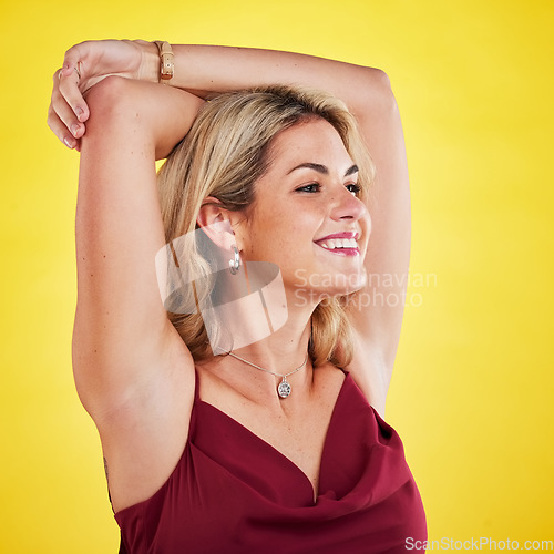 Image of Fashion beauty, face and happy studio woman with smile for facial cosmetics, trendy clothes or aesthetic makeup. Happiness, satisfaction and fashionable female model isolated on yellow background