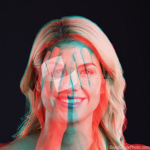 Image of Woman, beauty portrait and double exposure with hands on face, cosmetics and headshot with smile. Girl, model and neon glow with overlay, creativity and reflection in studio by black background