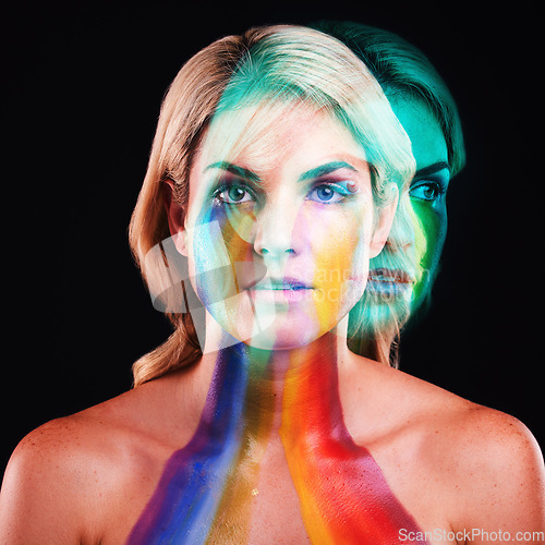 Image of Woman, fantasy portrait or double exposure with rainbow paint for beauty, cosmetics or headshot. Girl, model and neon glow for painting, creativity or shine for body art in studio by black background