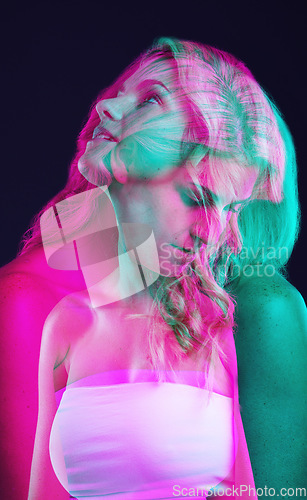 Image of Double exposure, thinking and beauty with a woman on a dark background in studio for neon art or fantasy. Overlay, idea and abstract with an attractive young female model posing on a black backdrop