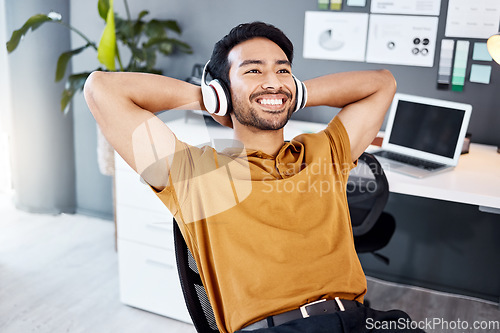 Image of Music, relax and happy man finished with business job, streaming podcast sound or radio song. Audio headphones, wellness mindset and office consultant, listening designer or male agent done with work