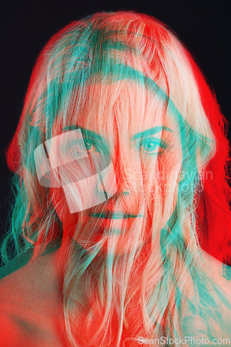 Image of Woman, portrait and double exposure for hair, cosmetics and headshot for beauty with art deco aesthetic. Girl, model and neon glow with overlay, creativity and reflection in studio for hairstyle