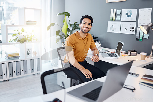 Image of Portrait, office workspace or happy man, business employee or male agent relax after laptop research. Web designer, SEO success or male person with job, brand agency or done with UX webdesign