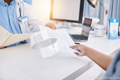 Image of Document, folder and doctor hands with patient giving information for medical history and health insurance. Professional people or medical worker with paperwork, consultation sign up or registration