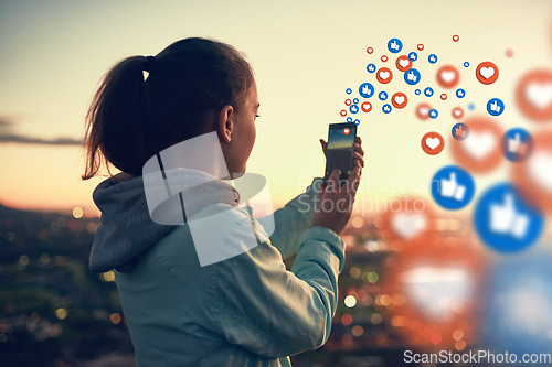 Image of Social media emoticons, sunset or woman taking a photo of view for photography content or online post. Nature, icon overlay or girl on mobile app, website or network with love, like or heart emoji