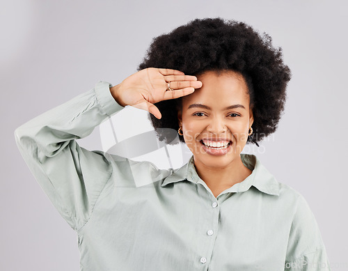 Image of Salute, smile and portrait of black woman greeting feeling proud and excited making hand gesture isolated in a white studio background. Happy, pride and female welcome with respect and hello sign