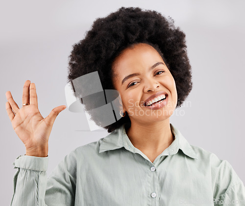 Image of Happy portrait, black woman and face with vulcan hand sci fi and emoji sign with a smile in studio. Happiness, palm and greeting of a female salute with silly, cheerful and goofy hands gesture