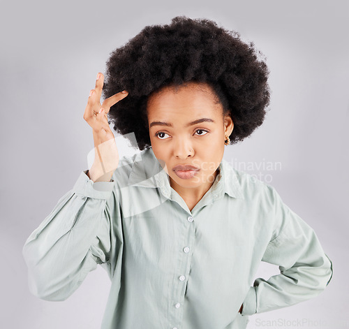 Image of Woman, hair and itching with thinking in studio for skin problem, dandruff or allergy on scalp. African student, girl or model with afro, alopecia or eczema with scratch, frustrated and head skincare