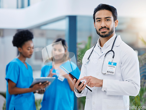 Image of Doctor tablet, hospital team and man portrait with nursing vision in clinic. Healthcare, wellness and professional group with nurse staff and stethoscope ready for medical teamwork and support