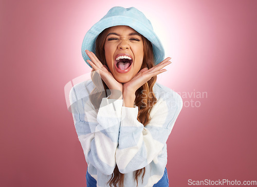 Image of Portrait, surprise and woman excited, scream and cheerful against a studio background. Face, female and girl with excitement, happiness and celebration with emoji, facial expression and omg with wow