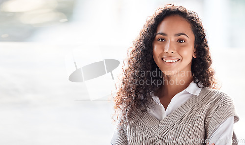 Image of Portrait, mockup and woman with smile, business and confident girl with joy, cheerful and happiness. Face, female employee and entrepreneur with startup, creativity and success with positive mindset