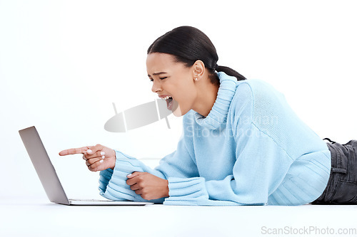 Image of Laptop, angry woman and studio feeling frustrated, upset and stress from email scam. Isolated, white background and female with computer spam and 404 tech problem from phishing on the ground