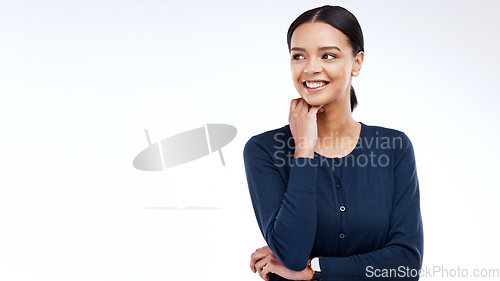 Image of Woman, thinking and studio with happy modern female model looking at mockup for advertisement. Happiness, idea and gen z person relax with youth and smiling with isolated white background and mock up