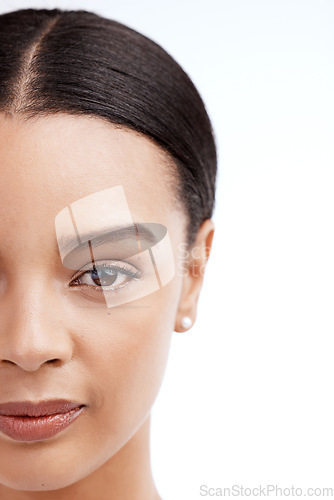 Image of Half face portrait, skincare and woman in studio isolated on a white background mockup. Natural cosmetics, beauty makeup or serious model with glowing, healthy or flawless skin after facial treatment
