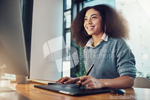 Image of Happy woman, drawing and digital tablet of graphic designer, writing or sketching at the office. Creative female with smile in design working on project, sketch or deadline on technology for startup