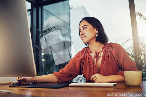 Image of Asian woman, drawing and digital tablet of graphic designer, writing or sketching at office. Creative female with smile in design working late at night on project deadline on technology for startup