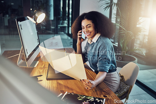 Image of Business woman, phone call and document in conversation, design or idea at the office. Female designer working late, talking on smartphone at night for communication, networking or project discussion