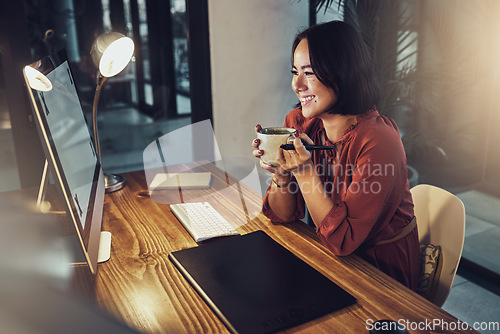 Image of Coffee, computer or business woman in office at night excited for planning, email or design idea. Tea, happy or satisfied smile for asian female entrepreneur reading proposal plan for evening startup