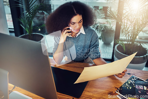 Image of Business, serious woman and phone call with document for design or conversation in concern at office. Upset female designer talking on mobile smartphone for communication, query or project discussion