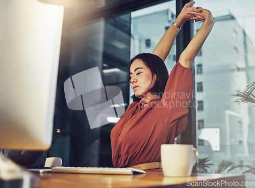 Image of Night, business and woman stretching, tired and relax in workplace, break and self care. Female employee, consultant and lady stretch arms, burnout and exhausted with a deadline, fatigue and balance