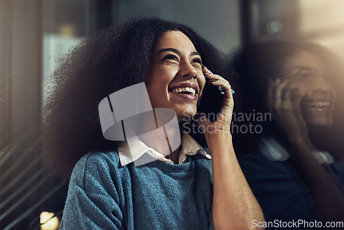 Image of Happy woman, phone call and laughing at night for funny joke, talking or conversation at the office. Face of female with smile and laugh on mobile smartphone working late for fun business discussion