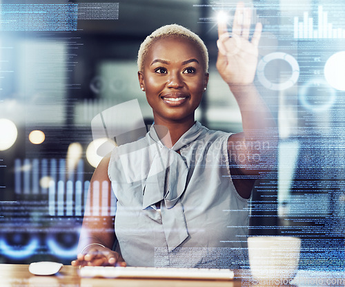 Image of Touch screen, hologram and black woman with data analytics, statistics or finance. Holographic, futuristic and happy business person with overlay of future technology, ui or ux with hand interaction