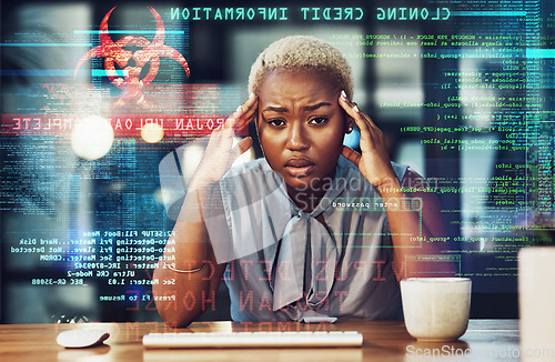 Image of Stress, programmer headache and black woman gets a cyber security attack, virus or glitch. Anxiety, depression and portrait of sad person in it or big data hacked with ransomware in office overlay.