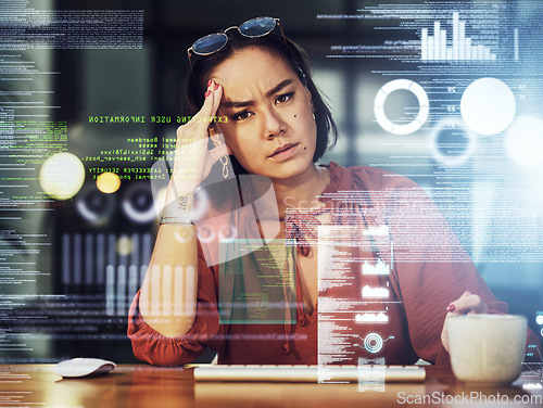 Image of Business headache, stress and Asian woman gets a cyber security attack, virus or glitch. Anxiety, depressed portrait and serious person with graphs for data hacked with ransomware in phishing overlay