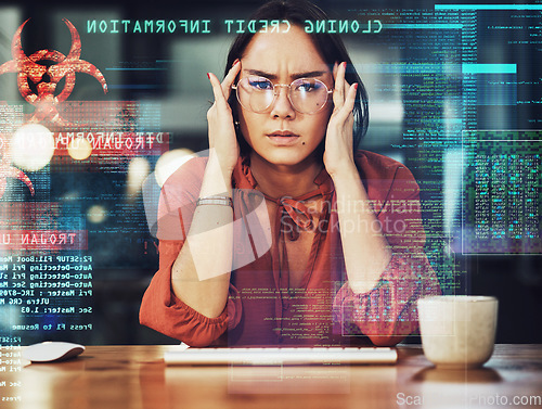 Image of Stress, business headache and Asian woman gets a cyber security attack, virus or glitch. Anxiety, depression and portrait of sad person in it or big data hacked with ransomware in phishing overlay.