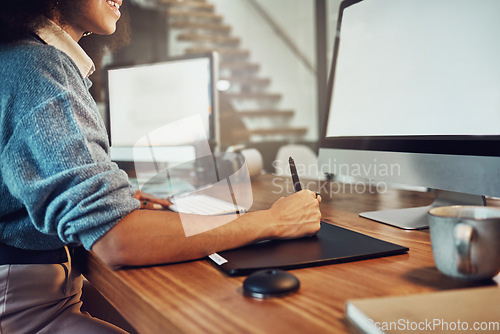 Image of Woman, drawing and digital tablet on mockup screen for designer, writing or sketching at office. Creative female in design working late at night for project deadline on technology display for startup