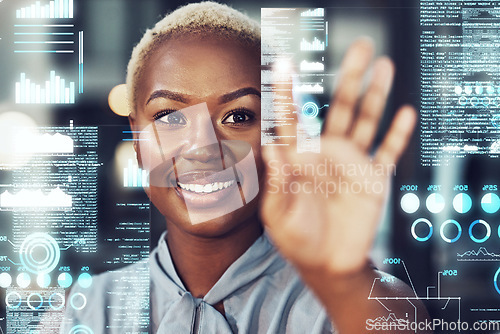 Image of Touch screen, hologram and black woman with digital data analytics, statistics or info. Holographic, futuristic or happy business person with overlay of trading charts, ui or ux with hand interaction
