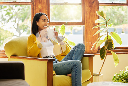 Image of Relax, smile and woman on couch, coffee and peace with happiness, calm and peaceful in lounge. Female on sofa, happy and person in living room, gratitude and weekend break with self care in home