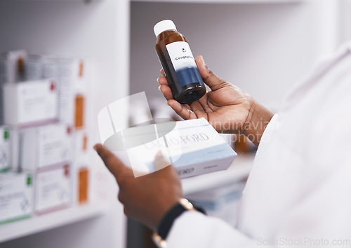 Image of Doctor, medicine or hands of person with pills or supplements bottle in drugstore for healthcare inventory. Zoom, clinic or nurse checking or reading info on medical products or tablets in pharmacy