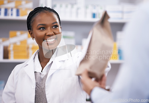 Image of Black woman, medicine or pharmacist hands customer a bag in drugstore with healthcare prescription receipt. Shopping or happy African doctor giving patient pills or package in medical retail service