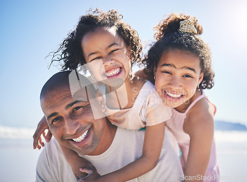 Image of Happy man, daughters and beach portrait with piggy back, smile and family on summer vacation together in Cancun. Happiness, father and playful children bonding at ocean on fun holiday with blue sky.