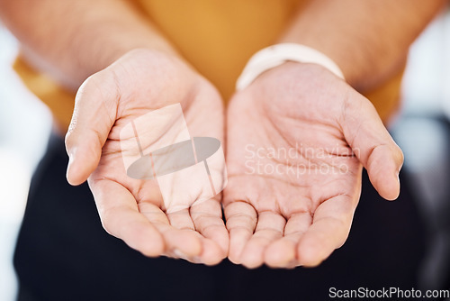 Image of Closeup, charity and hands for begging, help and community with support, kindness and compassion. Zoom, hand and palms with poverty, ask for aid and gratitude with hope, receive donation and trust