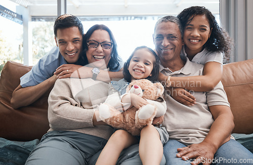 Image of Portrait of parents, grandparents and child with teddy bear on sofa in new house, happiness and quality time. Happy family, women and men with kid on couch to celebrate property investment with smile