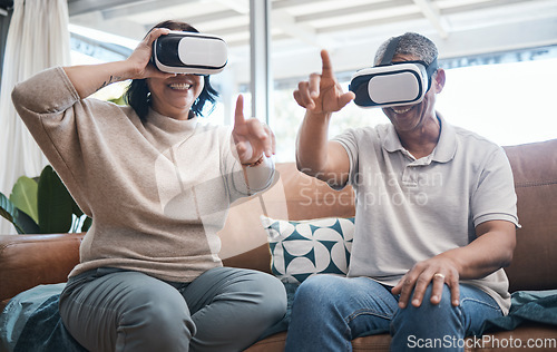 Image of Senior couple, virtual reality and sofa in home living room with esports, metaverse or internet gaming with smile. Man, woman and vr with happiness, learning and futuristic goggles on lounge couch