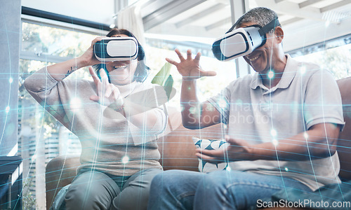 Image of Senior couple, vr and sofa in home living room with holographic overlay, metaverse and 3d game with smile. Man, woman and augmented reality with happiness, learning and futuristic hologram in lounge