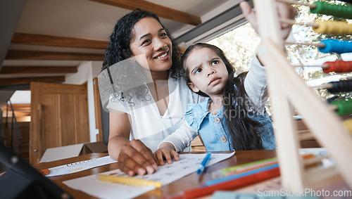 Image of Education, home school and a mother teaching her daughter about math in the home living room. Study, homework and child development with a student girl learning from her female parent in a house