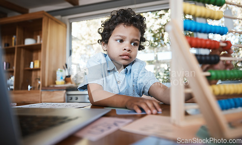 Image of Child, kindergarten and home learning with abacus, toys or numbers education for thinking, development and growth. Boy student, homework and elearning math game for young nursery homeschool kid