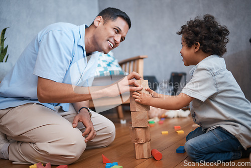 Image of Education, building blocks or happy father with kid on floor for home playing, educational games and learning. Child development, family or dad and young boy together for fun lesson, bonding and love