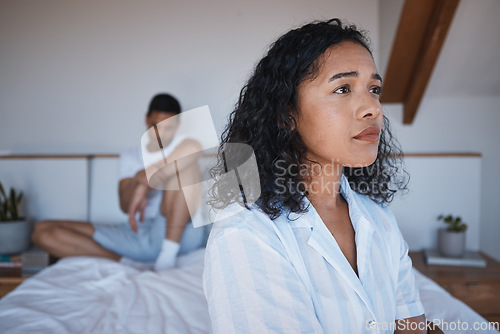 Image of Sad, fight and divorce with couple in bedroom for conflict, frustrated and breakup. Toxic relationship, depression and ignore with man and woman at home for affair, cheating and anger dispute