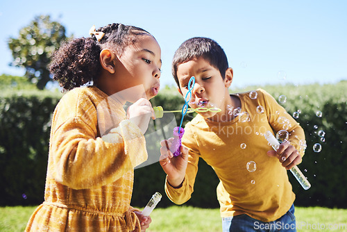 Image of Playing, garden and children blowing bubbles for entertainment, weekend and fun activity together. Recreation, outdoors and siblings with a bubble toy for leisure, childhood and enjoyment in summer