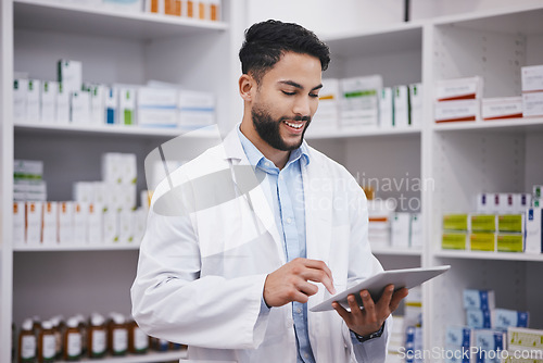 Image of Pharmacy, happy man or doctor reading tablet medicine or checking medical prescription pills on shelf. Digital or pharmacist with online checklist on clinic shelves or drugstore inventory storage