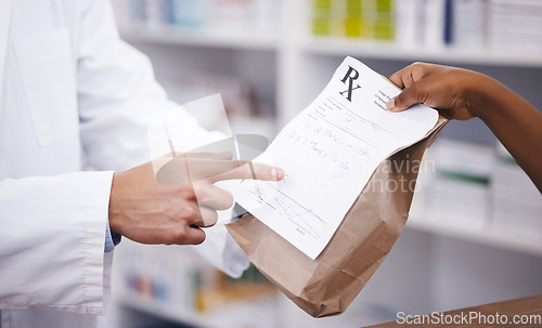 Image of Bag, medicine or pharmacist hands a person healthcare prescription, pointing or pharmacy receipt. Zoom, shopping or doctor giving customer products, instruction or package for medical retail services