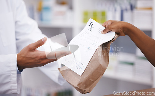 Image of Pharmacy, medicine or pharmacist hands a bag in drugstore with healthcare prescription receipt. Zoom, person shopping or doctor giving customer products, pills or package for medical retail services