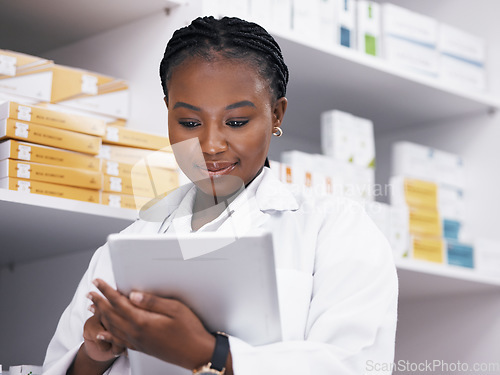 Image of Woman, pharmacist or tablet, online checklist and checking stock of medicine on shelf. African female medical professional reading digital inventory list in pharmacy, healthcare or prescription drugs