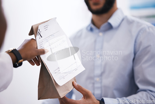 Image of Customer, medicine or pharmacist hands a bag in drugstore with healthcare prescription receipt. Zoom, person shopping or doctor giving patient products, pills or package for medical pharmacy services